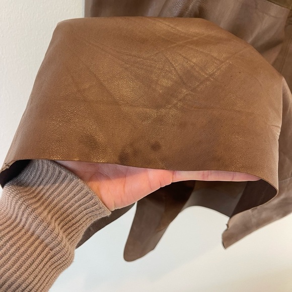 Vince Size XS Brown Green Genuine Leather V-Neck Shift Dress Pockets - Picture 7 of 8